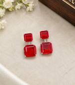 Elegant red square stone drop earrings with silver-tone setting     statement party wear earrings