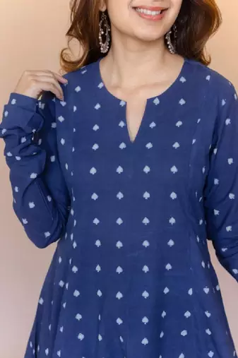 The indian ethnic co. blue women geometric printed long sleeves cotton a-line kurta
