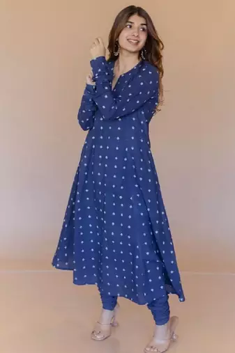 The indian ethnic co. blue women geometric printed long sleeves cotton a-line kurta