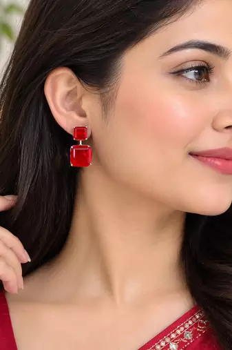 Elegant red square stone drop earrings with silver-tone setting     statement party wear earrings
