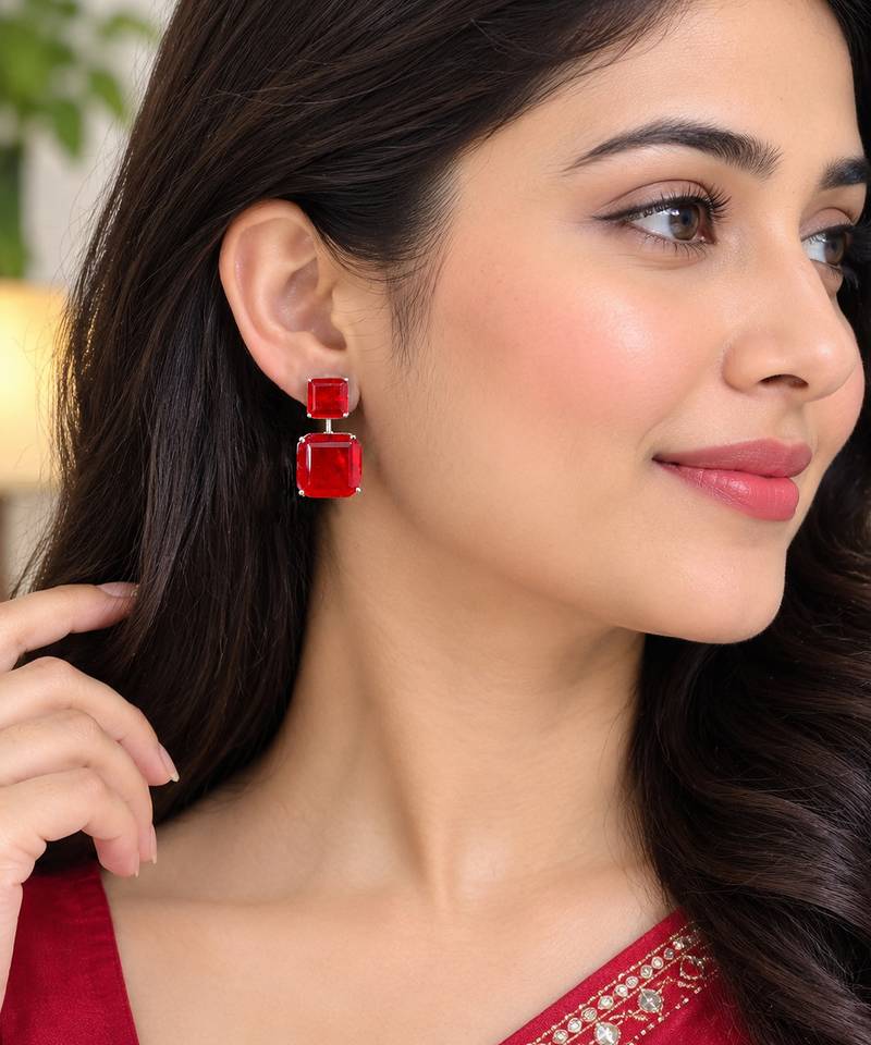 Elegant red square stone drop earrings with silver-tone setting     statement party wear earrings