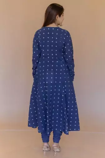 The indian ethnic co. blue women geometric printed long sleeves cotton a-line kurta