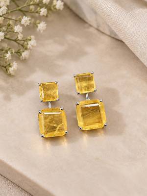 Elegant yellow square stone drop earrings with silver-tone setting     statement party wear earrings 1