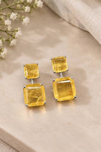 Elegant yellow square stone drop earrings with silver-tone setting     statement party wear earrings