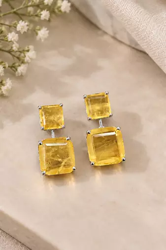 Elegant yellow square stone drop earrings with silver-tone setting     statement party wear earrings