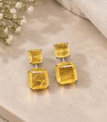 Elegant yellow square stone drop earrings with silver-tone setting     statement party wear earrings