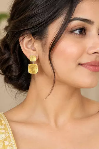 Elegant yellow square stone drop earrings with silver-tone setting     statement party wear earrings
