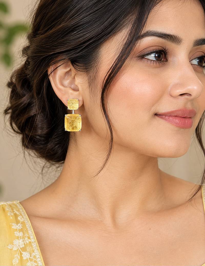 Elegant yellow square stone drop earrings with silver-tone setting     statement party wear earrings