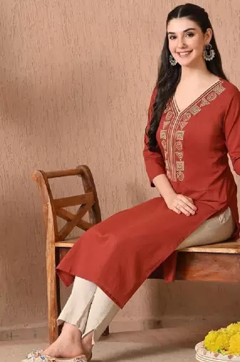 Geometric embroidered thread work v-neck pure cotton kurta