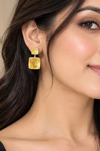 Elegant yellow square stone drop earrings with silver-tone setting     statement party wear earrings