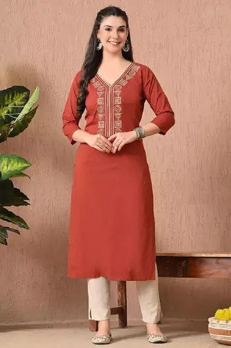 Geometric embroidered thread work v-neck pure cotton kurta