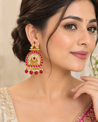 Traditional gold-tone kundan pearl & ruby red chandbali jhumka earrings 1