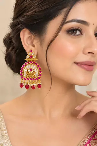 Traditional gold-tone kundan pearl & ruby red chandbali jhumka earrings