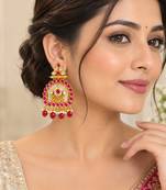 Traditional gold-tone kundan pearl & ruby red chandbali jhumka earrings