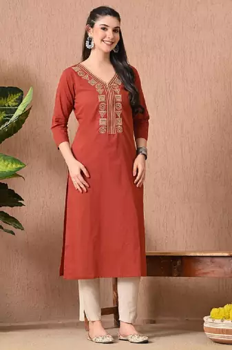 Geometric embroidered thread work v-neck pure cotton kurta