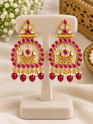 Traditional gold-tone kundan pearl & ruby red chandbali jhumka earrings 2