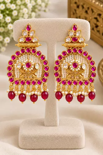 Traditional gold-tone kundan pearl & ruby red chandbali jhumka earrings