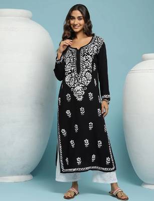 Women black rayon chikankari embroidered kurta 1