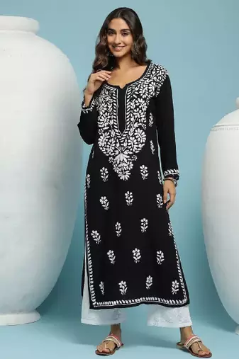 Women black rayon chikankari embroidered kurta