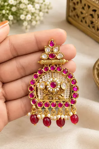 Traditional gold-tone kundan pearl & ruby red chandbali jhumka earrings