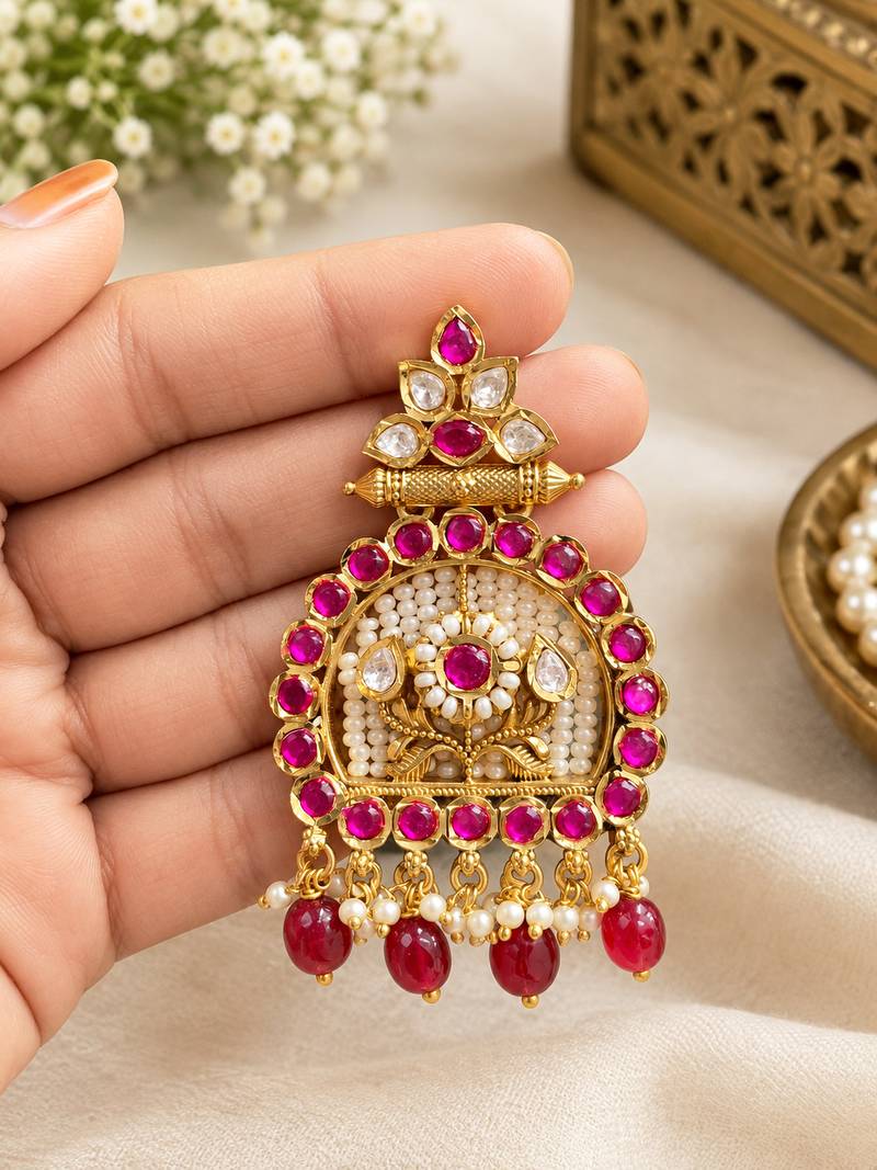 Traditional gold-tone kundan pearl & ruby red chandbali jhumka earrings