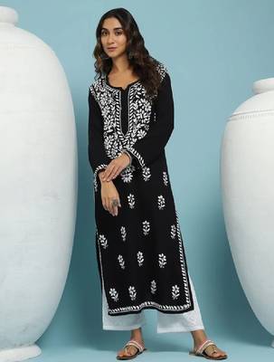 Women black rayon chikankari embroidered kurta 3