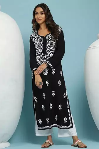 Women black rayon chikankari embroidered kurta