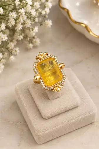Elegant golden yellow gemstone statement ring with clear stone border