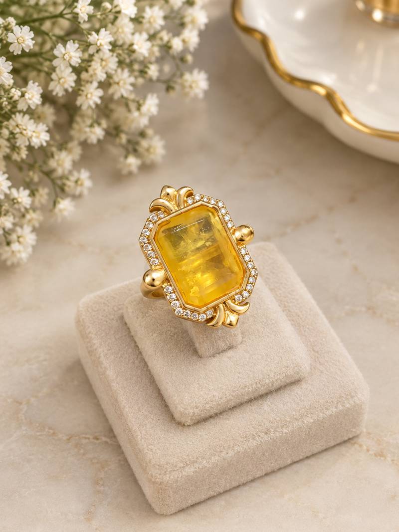 Elegant golden yellow gemstone statement ring with clear stone border
