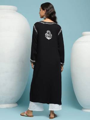 Women black rayon chikankari embroidered kurta 4
