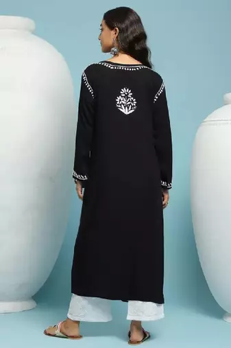 Women black rayon chikankari embroidered kurta