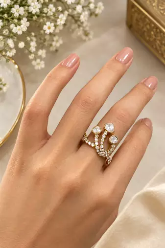 Elegant gold tone crown design statement ring with clear stone accents