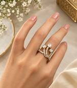 Elegant gold tone crown design statement ring with clear stone accents