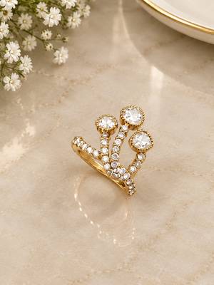 Elegant gold tone crown design statement ring with clear stone accents 2