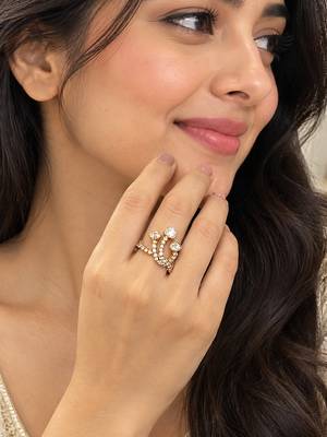 Elegant gold tone crown design statement ring with clear stone accents 3
