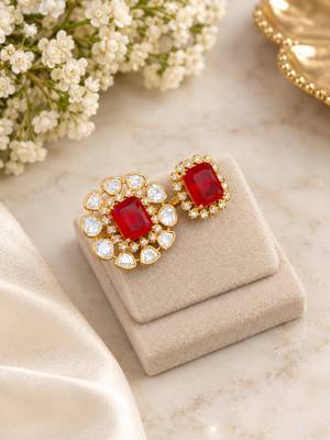 Elegant gold tone red gemstone floral statement ring with clear stone halo 2