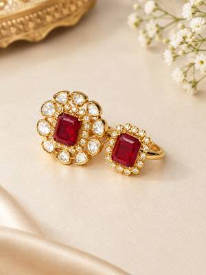 Elegant gold tone red gemstone floral statement ring with clear stone halo 3
