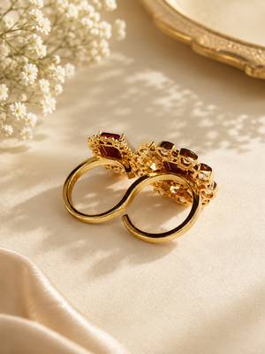 Elegant gold tone red gemstone floral statement ring with clear stone halo 4