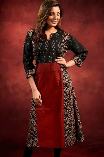 Women floral printed flared sleeves mirror work kurta