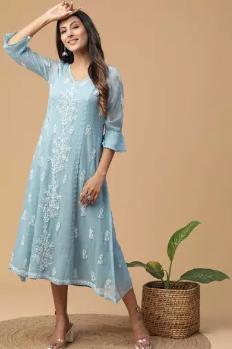 Blue embroidered chikankari a-line kota doria kurta with applique work