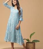 Blue embroidered chikankari a-line kota doria kurta with applique work