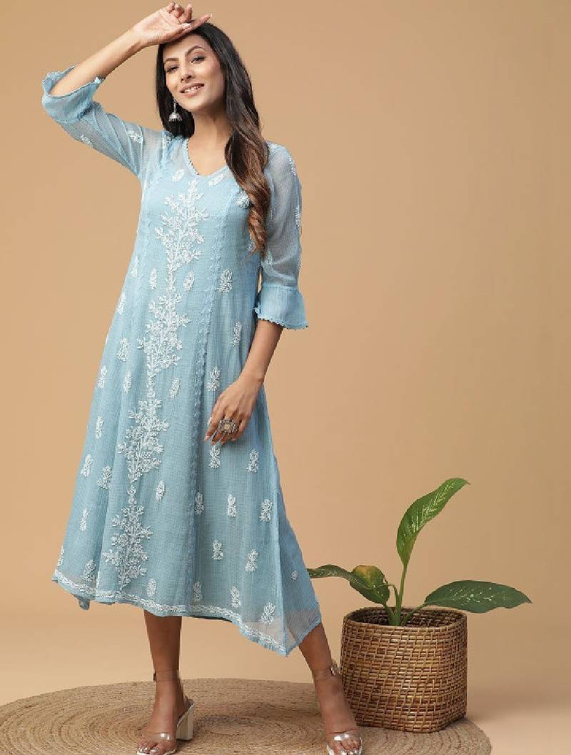 Blue embroidered chikankari a-line kota doria kurta with applique work
