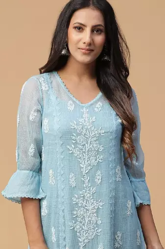 Blue embroidered chikankari a-line kota doria kurta with applique work