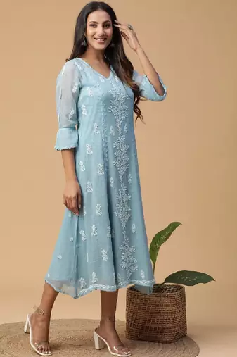 Blue embroidered chikankari a-line kota doria kurta with applique work