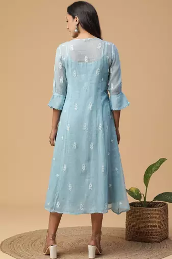 Blue embroidered chikankari a-line kota doria kurta with applique work