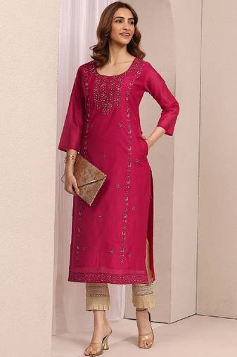 Women floral embroidered thread work chanderi silk kurta