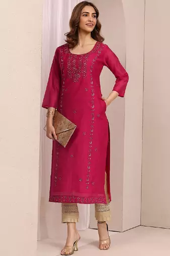 Women floral embroidered thread work chanderi silk kurta