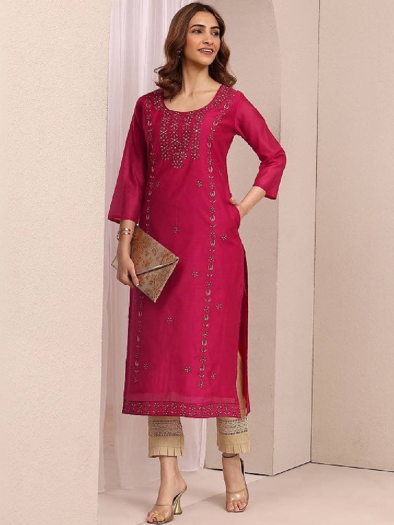 Women floral embroidered thread work chanderi silk kurta