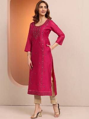 Women floral embroidered thread work chanderi silk kurta 2