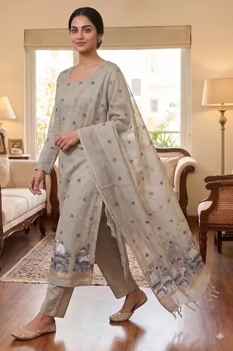 Grey muga cotton jamdani salwar suit dress material
